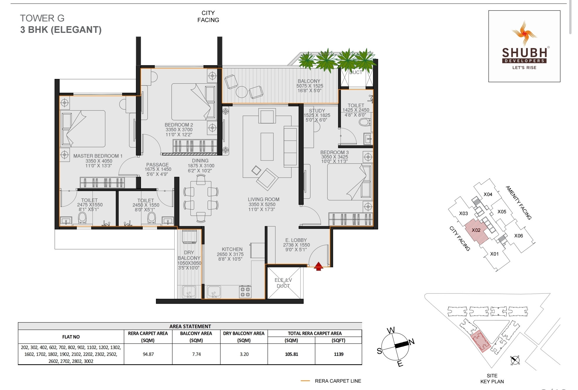 3 BHK with Study and Staff Room floor plan