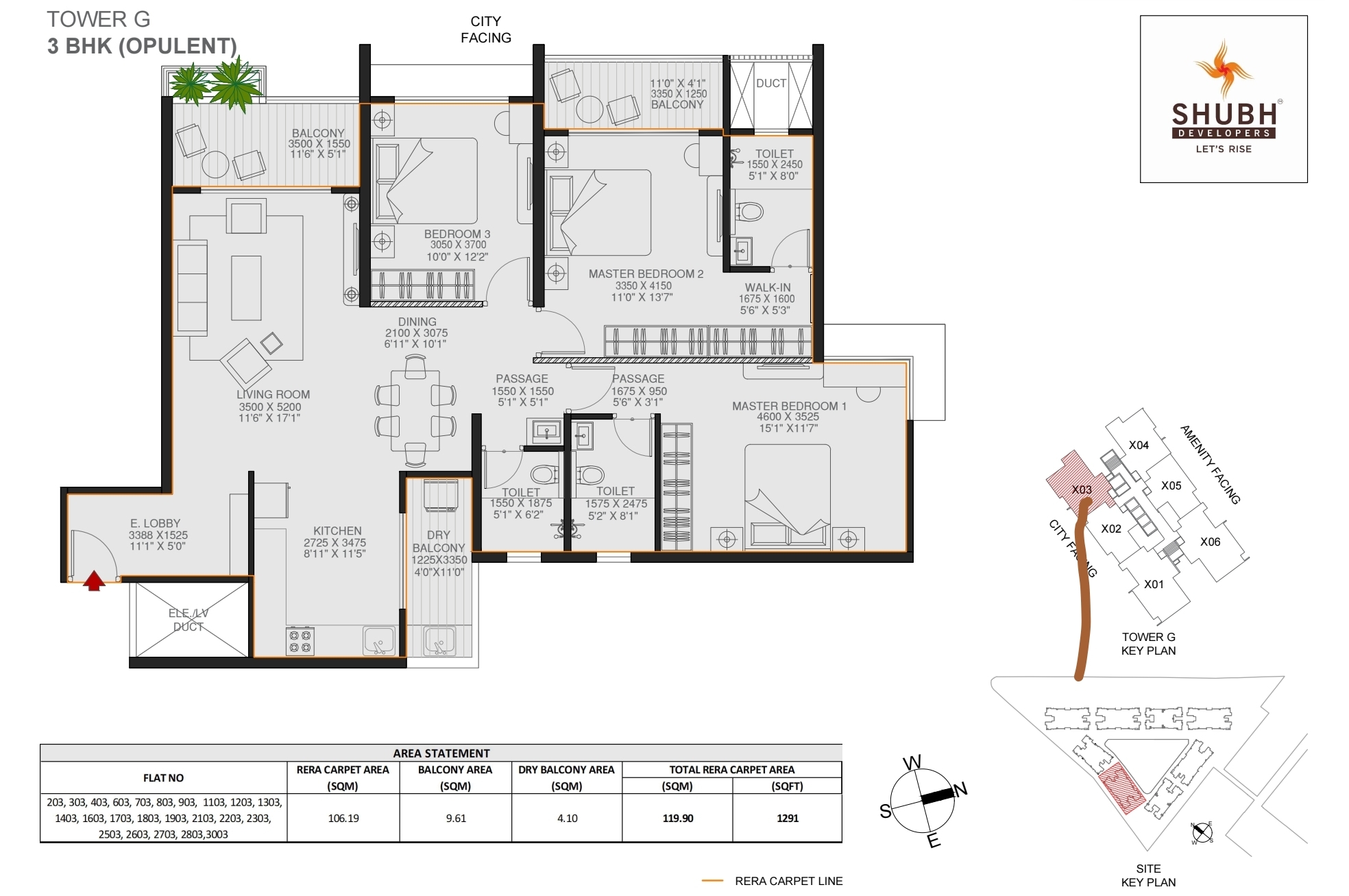 3 BHK Residence 1134 sqft floor plan